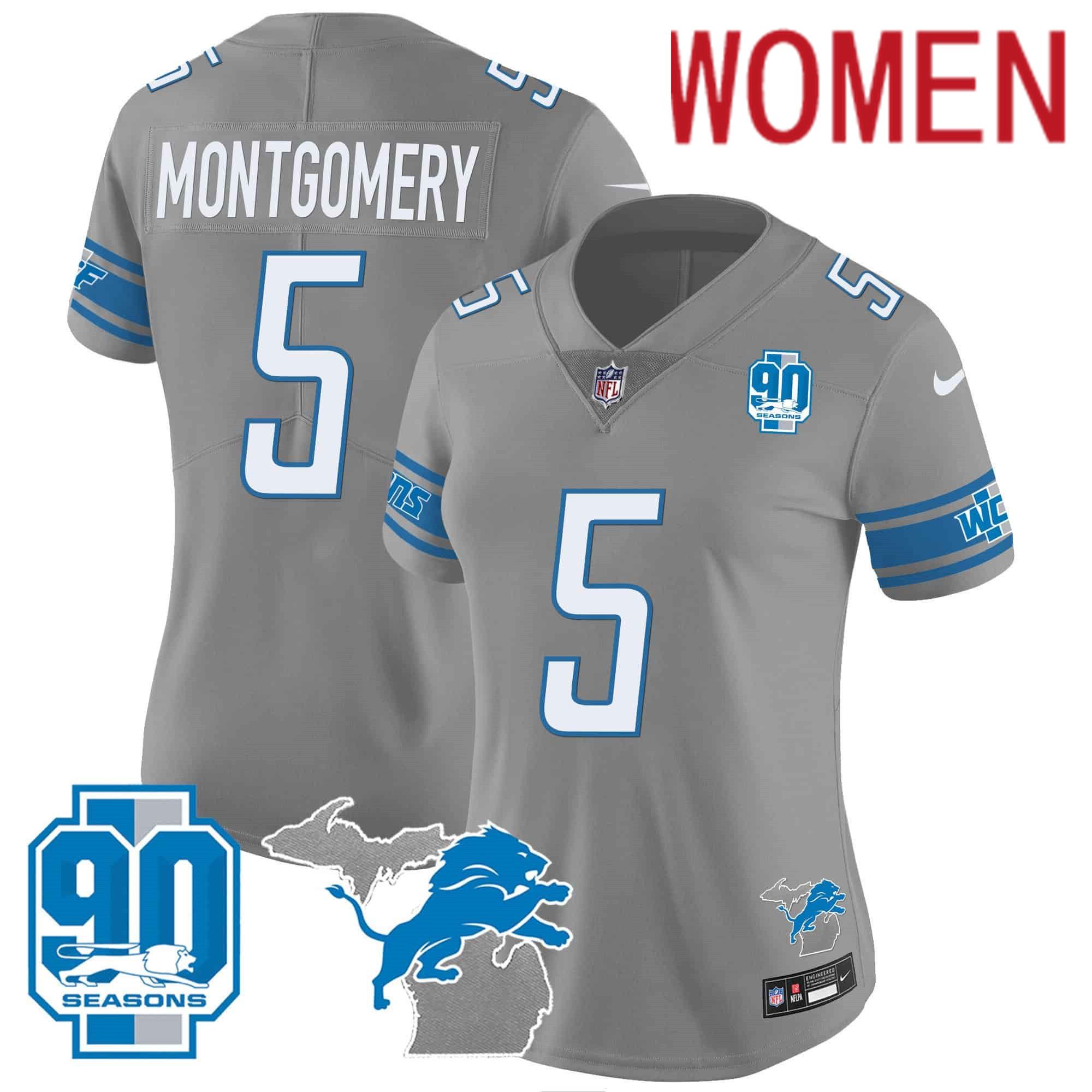 Women Detroit Lions #5 Montgomery Grey 2024 Nike 90th Year Michigan Patch Vapor NFL Jersey
